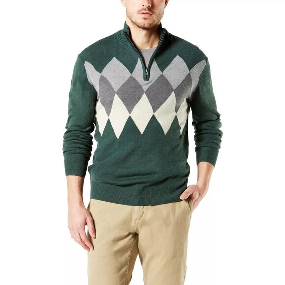 NWT Dockers Men's Argyle Green Gray White Cotton Quarter-Zip Sweater Sz L 2263 - Picture 2 of 8
